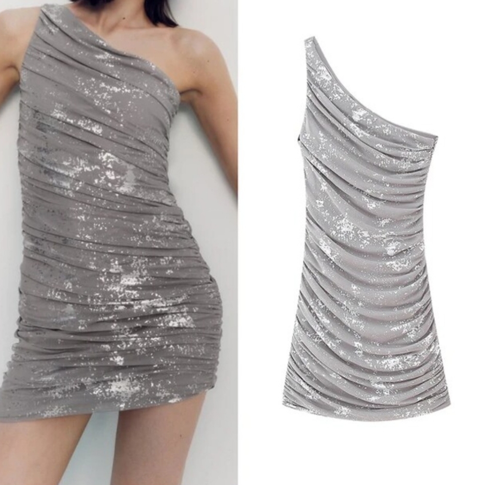 Zara A-symetrical silver Mesh Dress SizeM
